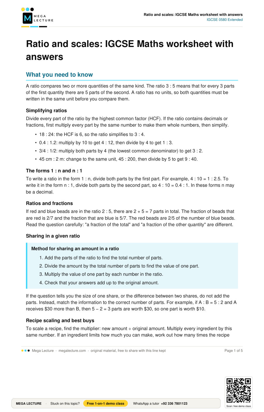 Page 1 of Ratio and scales: IGCSE Maths worksheet with answers