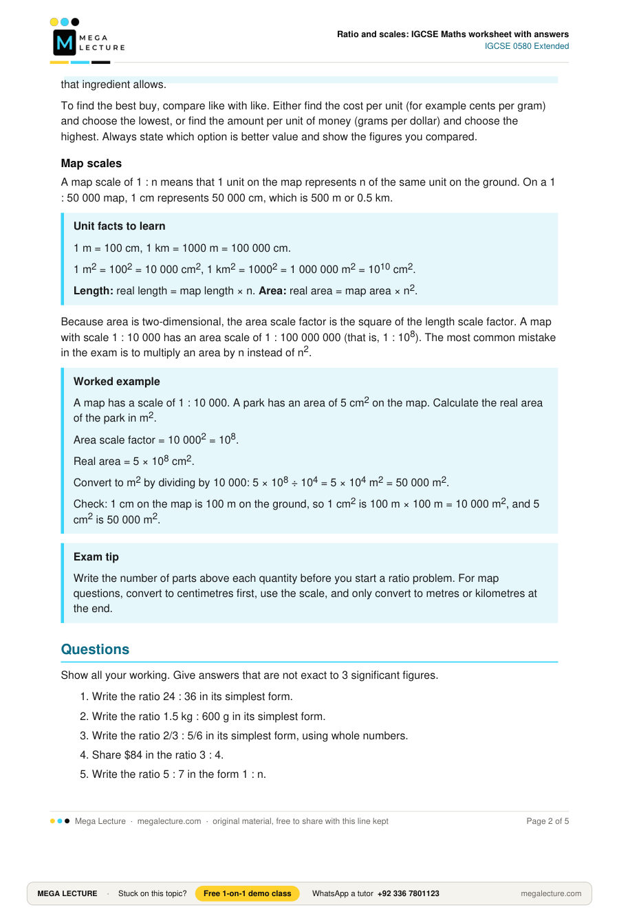 Page 2 of Ratio and scales: IGCSE Maths worksheet with answers