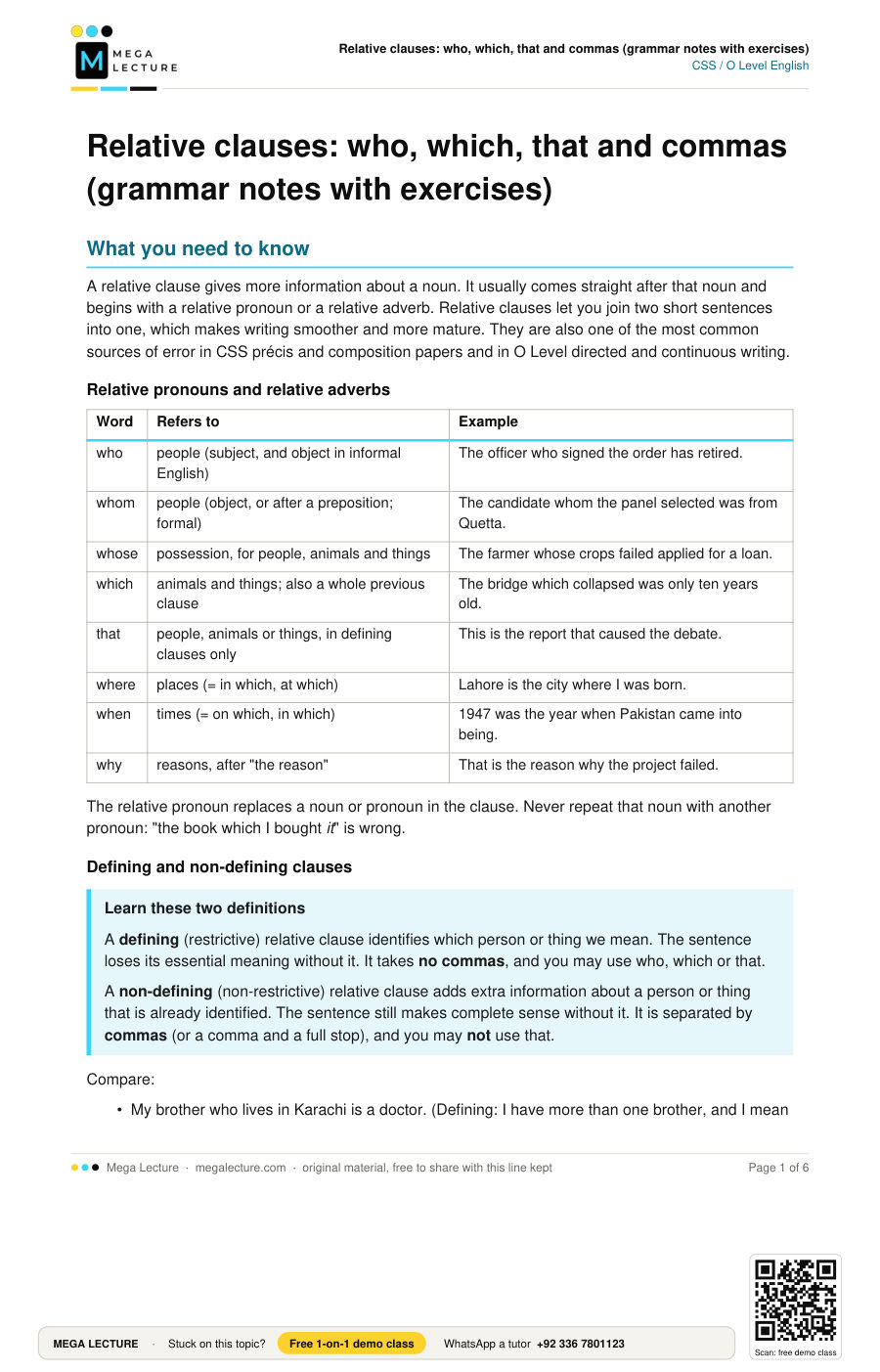 Page 1 of Relative clauses: who, which, that and commas (grammar notes with exercises)