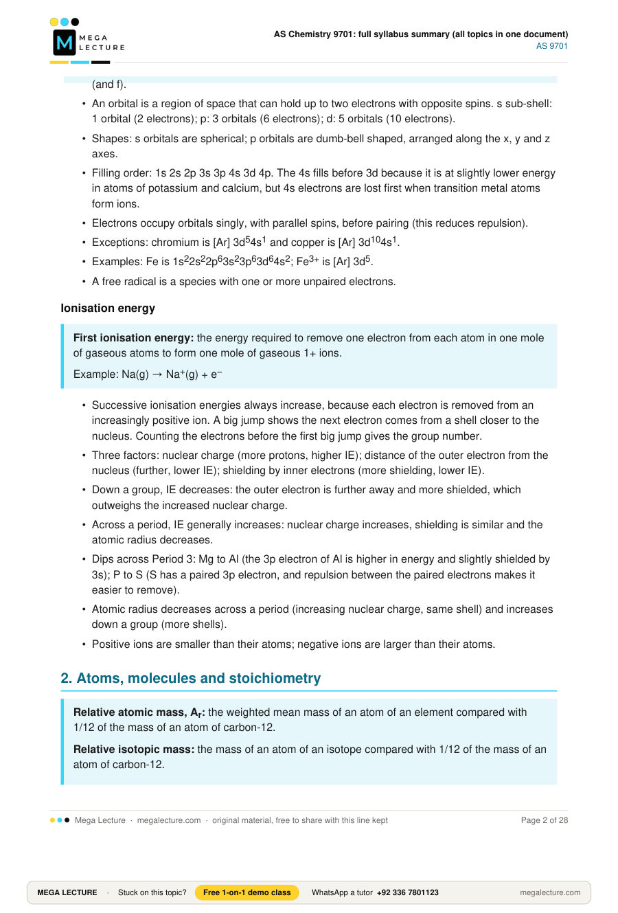 Page 2 of AS Chemistry 9701: full syllabus summary (all topics in one document)