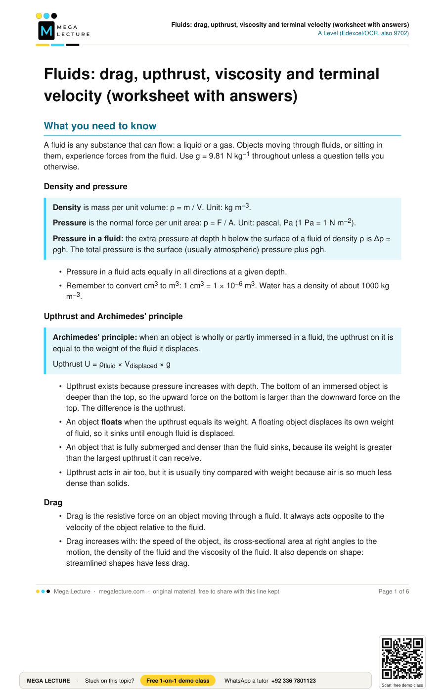 Page 1 of Fluids: drag, upthrust, viscosity and terminal velocity (worksheet with answers)