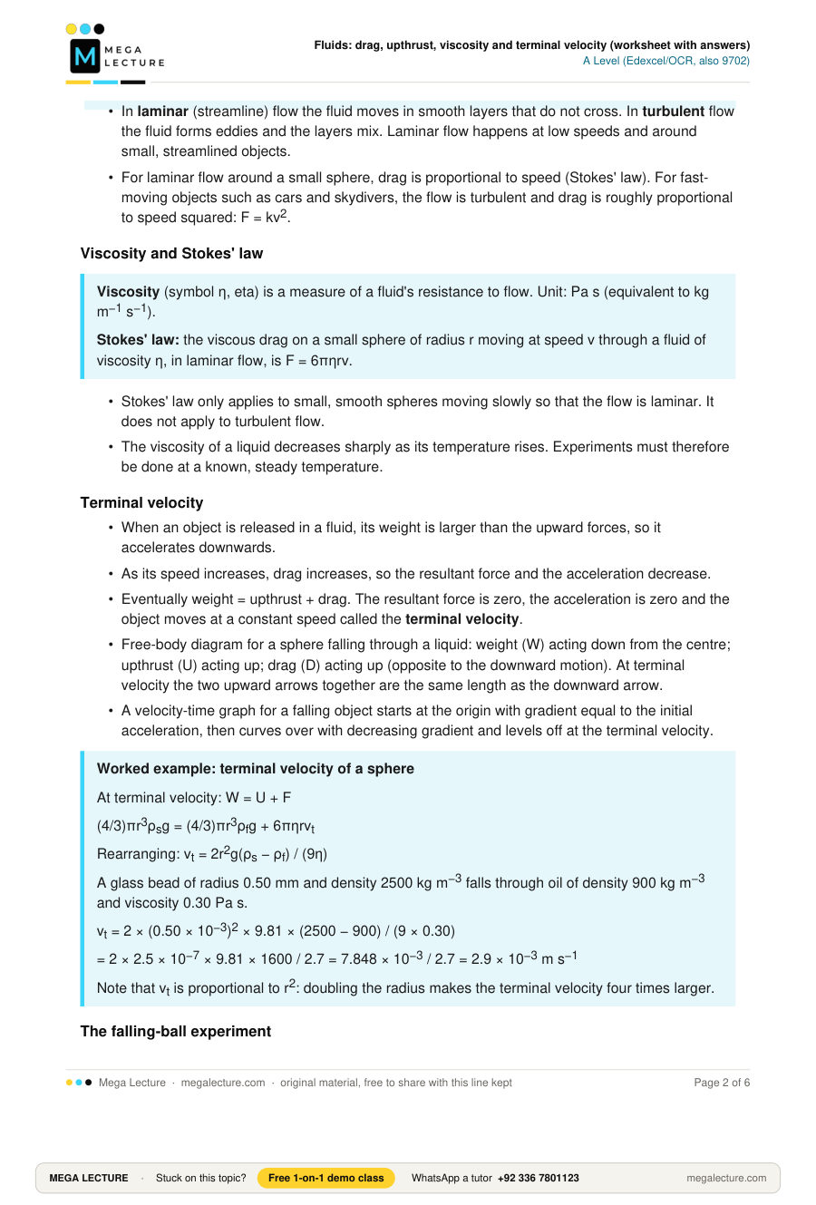 Page 2 of Fluids: drag, upthrust, viscosity and terminal velocity (worksheet with answers)