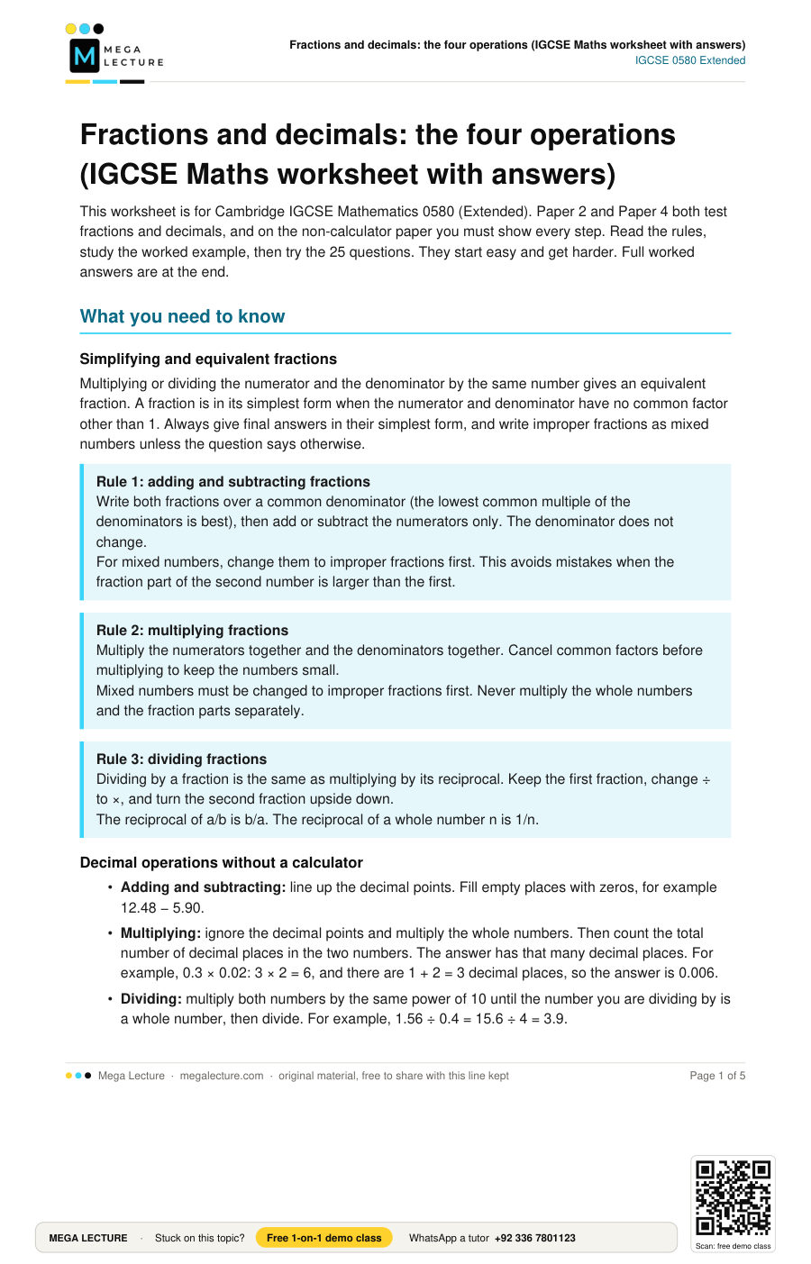 Page 1 of Fractions and decimals: the four operations (IGCSE Maths worksheet with answers)