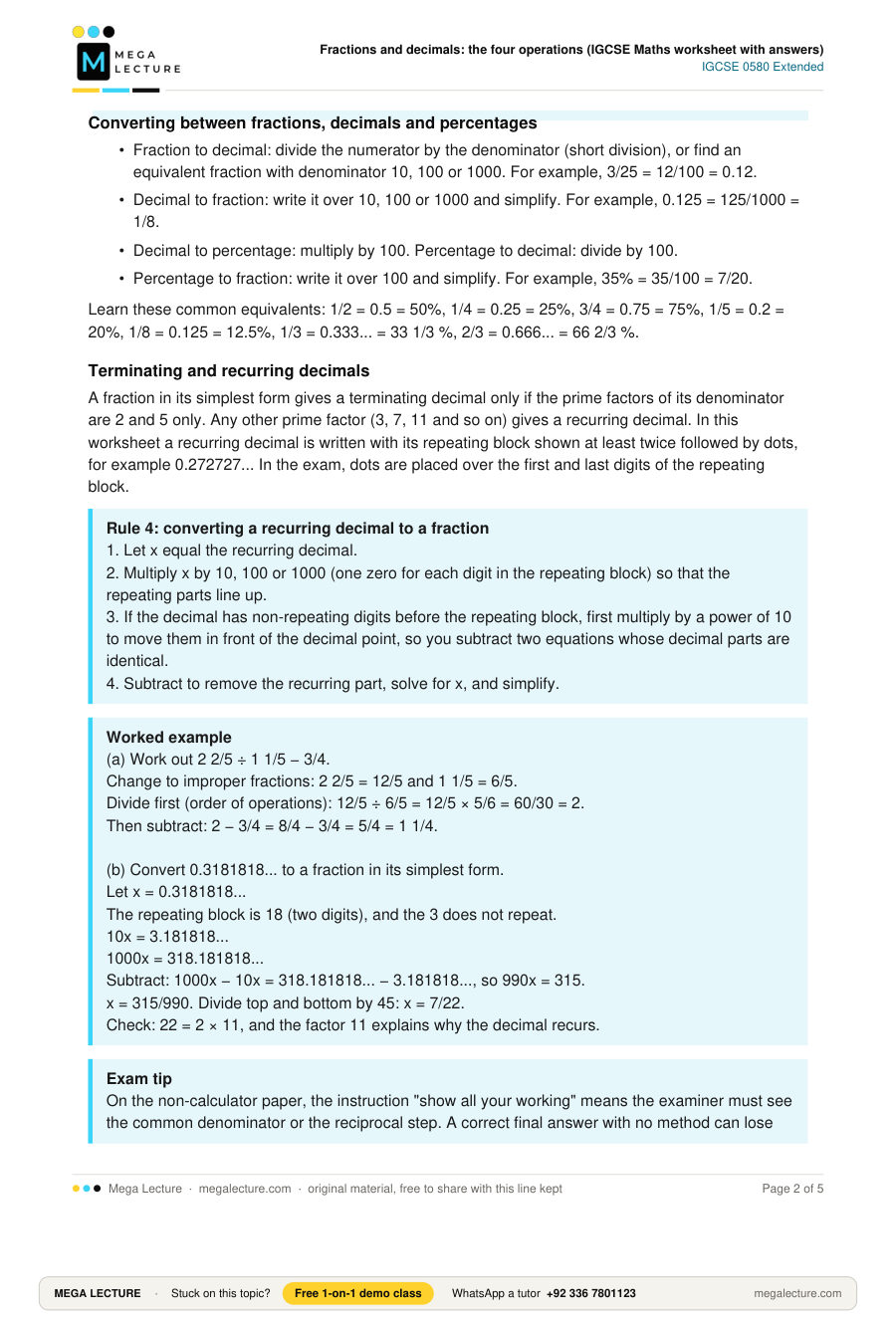 Page 2 of Fractions and decimals: the four operations (IGCSE Maths worksheet with answers)