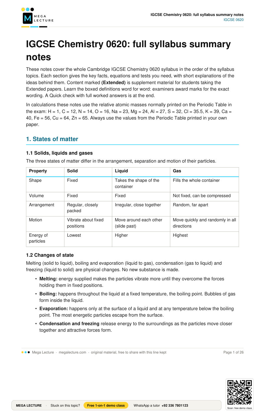Page 1 of IGCSE Chemistry 0620: full syllabus summary notes