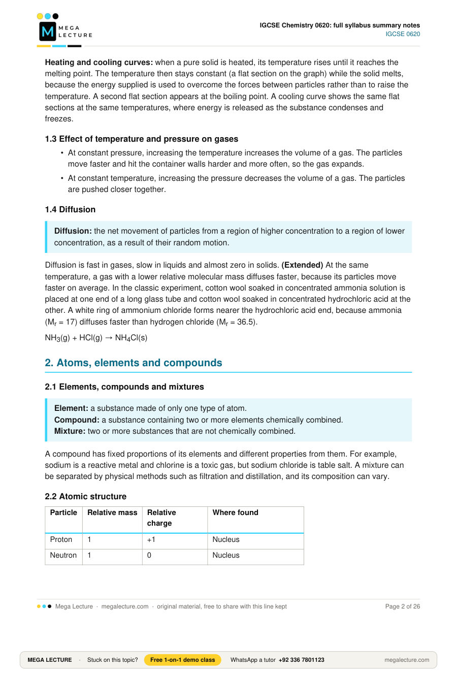 Page 2 of IGCSE Chemistry 0620: full syllabus summary notes