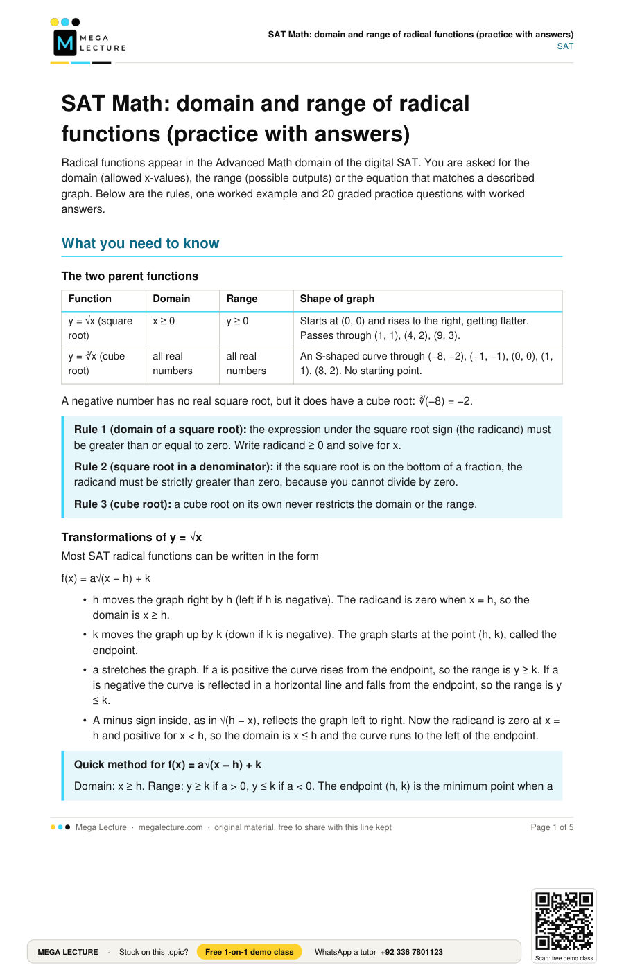 Page 1 of SAT Math: domain and range of radical functions (practice with answers)