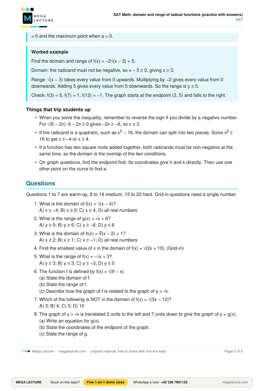 Page 2 of SAT Math: domain and range of radical functions (practice with answers)