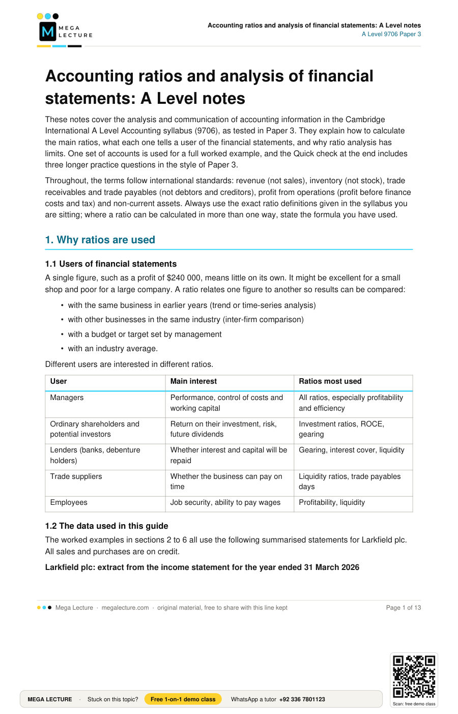 Page 1 of Accounting ratios and analysis of financial statements: A Level notes