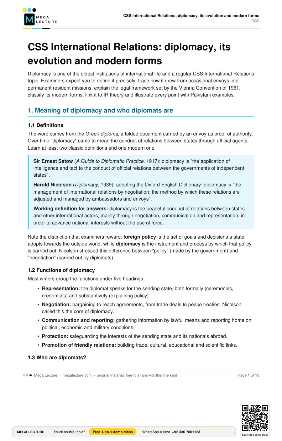 Page 1 of CSS International Relations: diplomacy, its evolution and modern forms