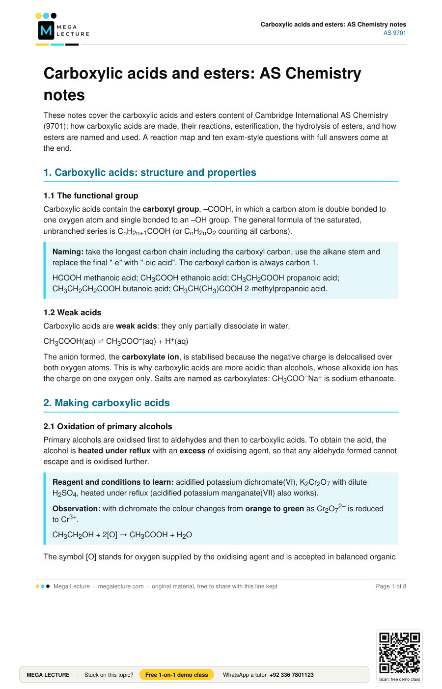 Page 1 of Carboxylic acids and esters: AS Chemistry notes