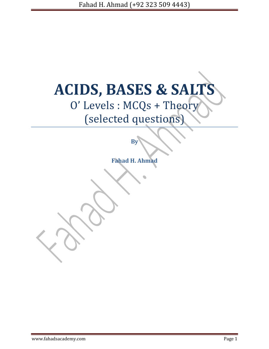 Page 1 of Acids Bases And Salts Basic Only — Questions