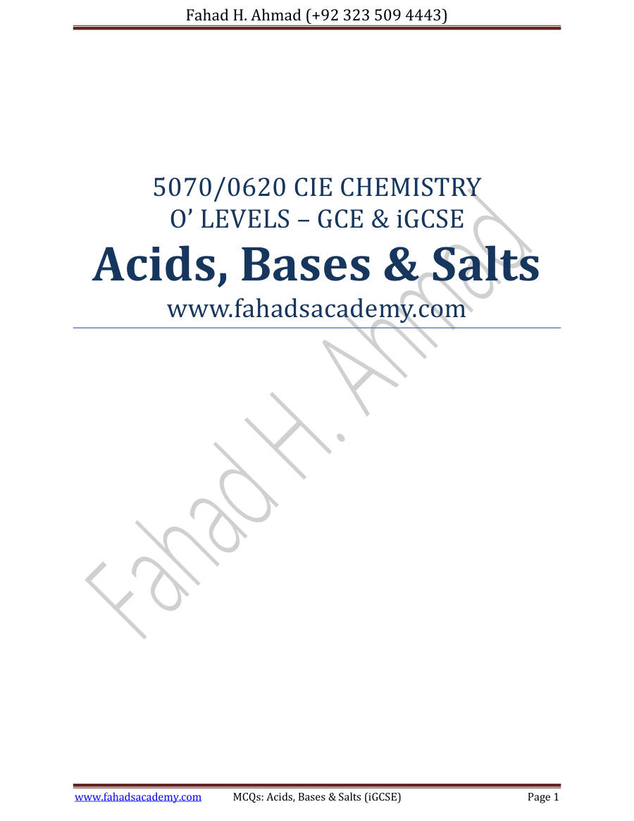 Page 1 of Acids Bases And Salts — Marking scheme