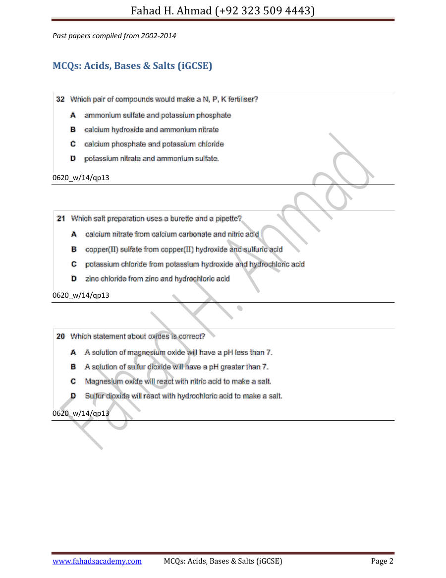 Page 2 of Acids Bases And Salts — Marking scheme