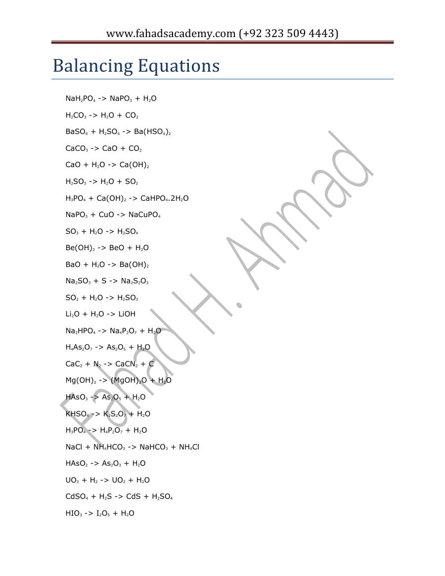 Page 1 of Balancing Equations Assignment