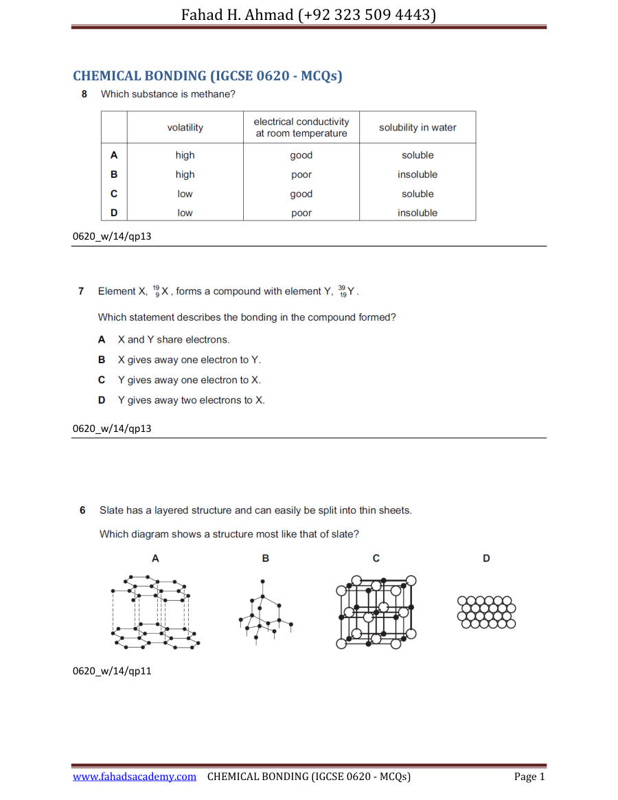 Page 1 of Chemical Bonding Incomplete — Marking scheme