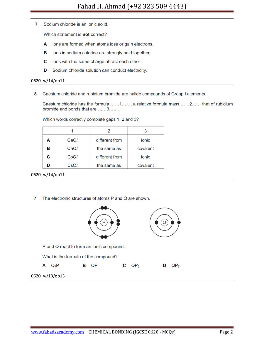 Page 2 of Chemical Bonding Incomplete — Marking scheme