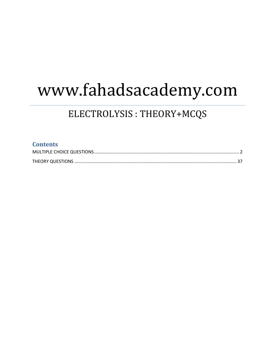 Page 1 of Electrolysis GCE And — MCQs