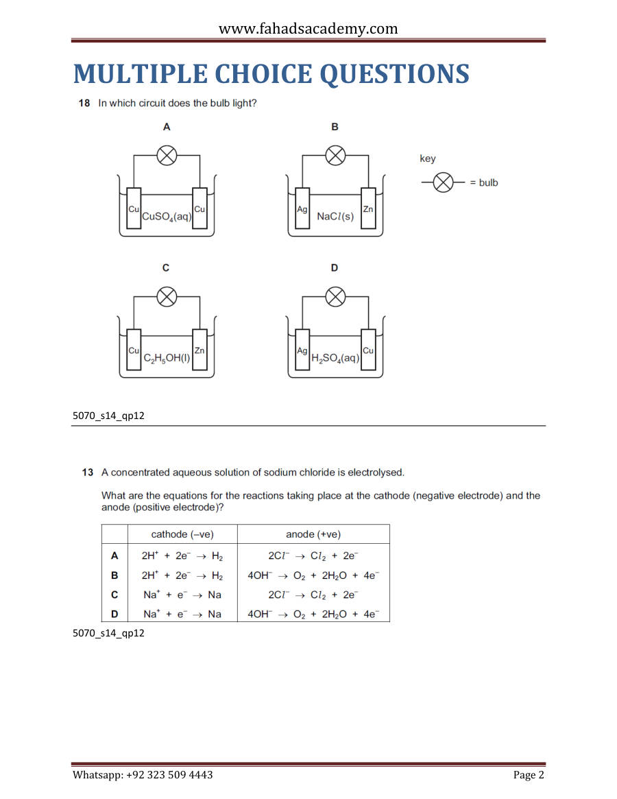 Page 2 of Electrolysis GCE And — MCQs