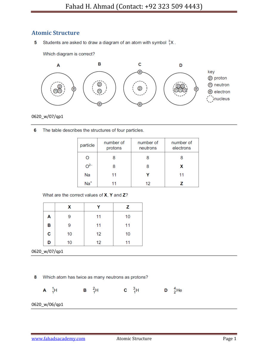 Page 1 of IGCSE Paper 1 Atomic Structure And Chemical Bonding
