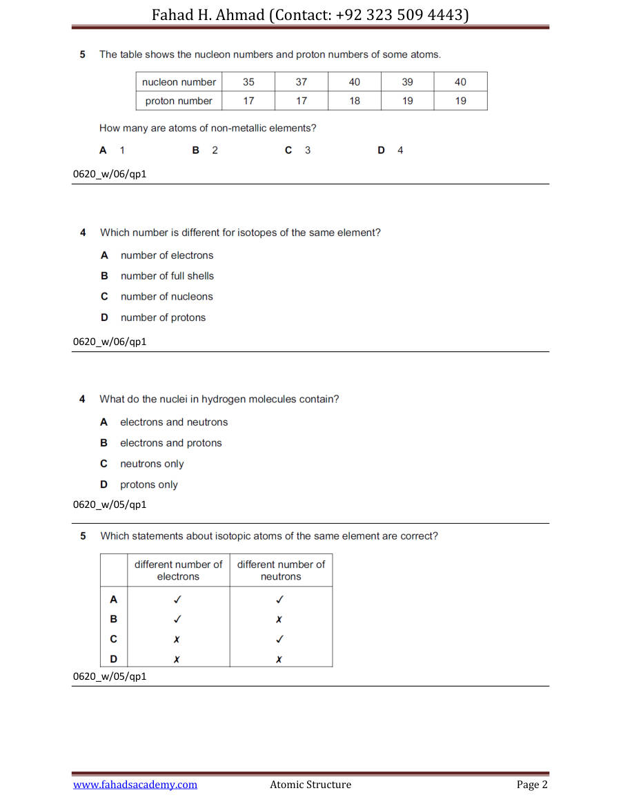Page 2 of IGCSE Paper 1 Atomic Structure And Chemical Bonding