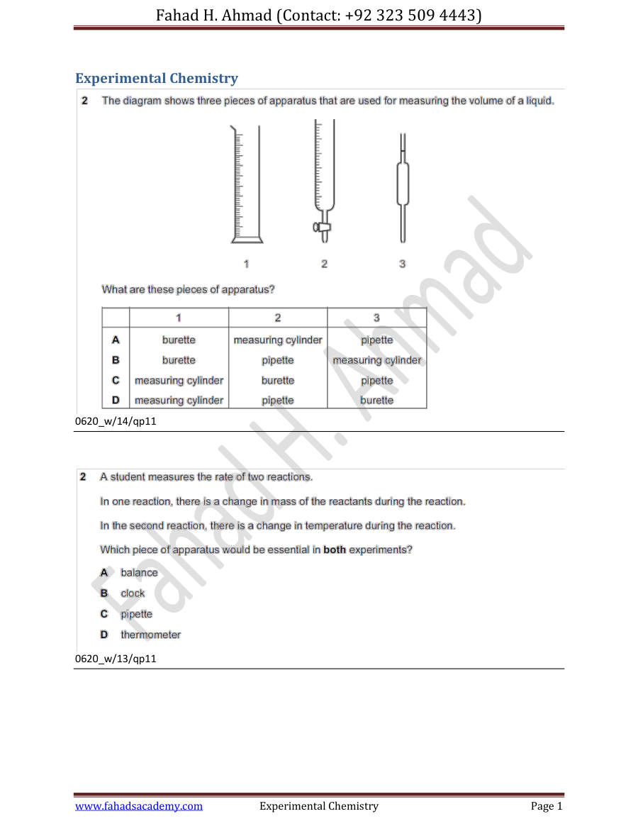 Page 1 of IGCSE Paper 1 Experimental Kinetic Particle Separation Techniques