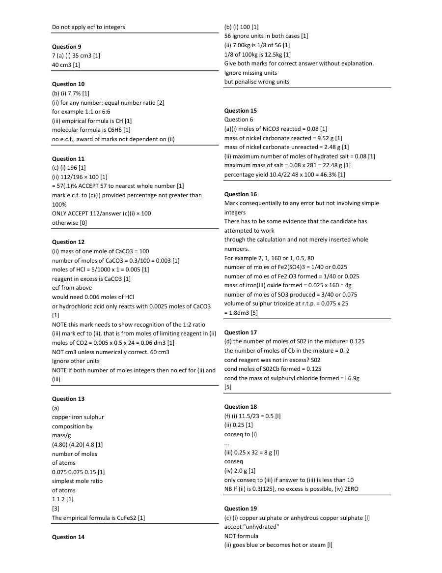 Page 2 of Moles And Stoichiometry — Marking scheme