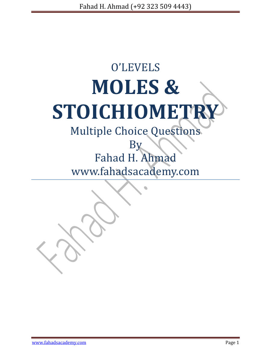 Page 1 of Moles Stoichiometry — MCQs