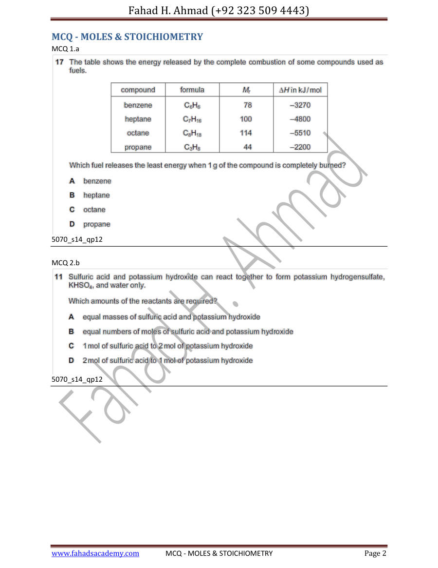Page 2 of Moles Stoichiometry — MCQs