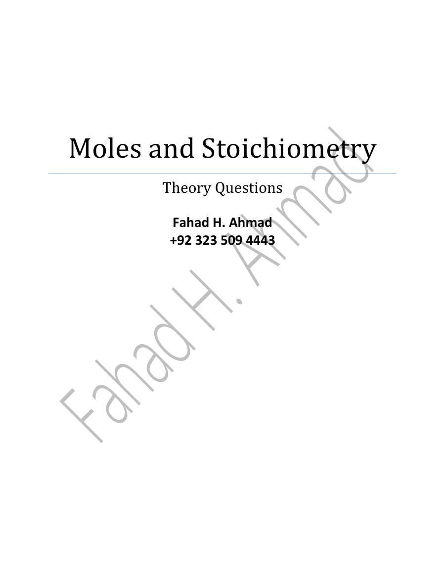 Page 1 of Moles Stoichiometry — Questions