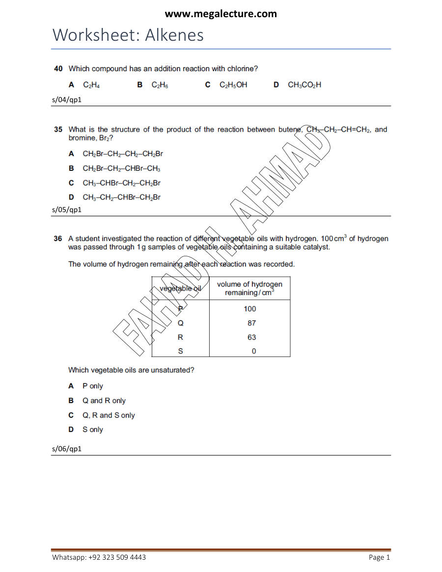 Page 1 of Worksheet Alkenes — MCQs
