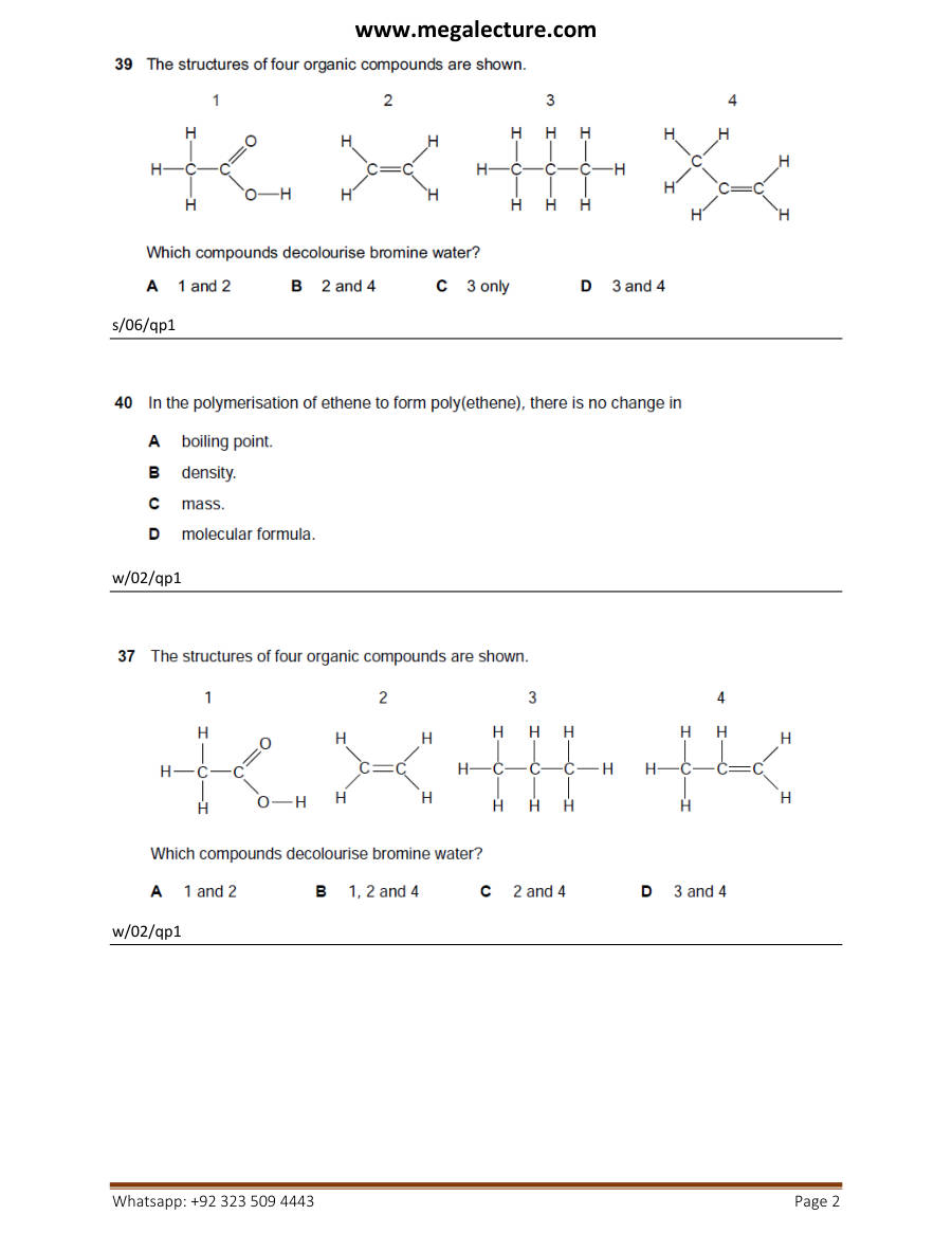Page 2 of Worksheet Alkenes — MCQs