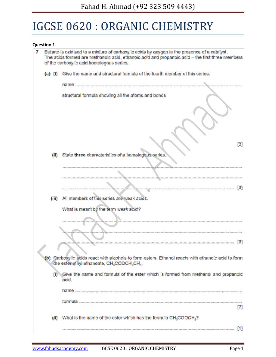 Page 1 of Organic IGCSE Olevels — Marking scheme