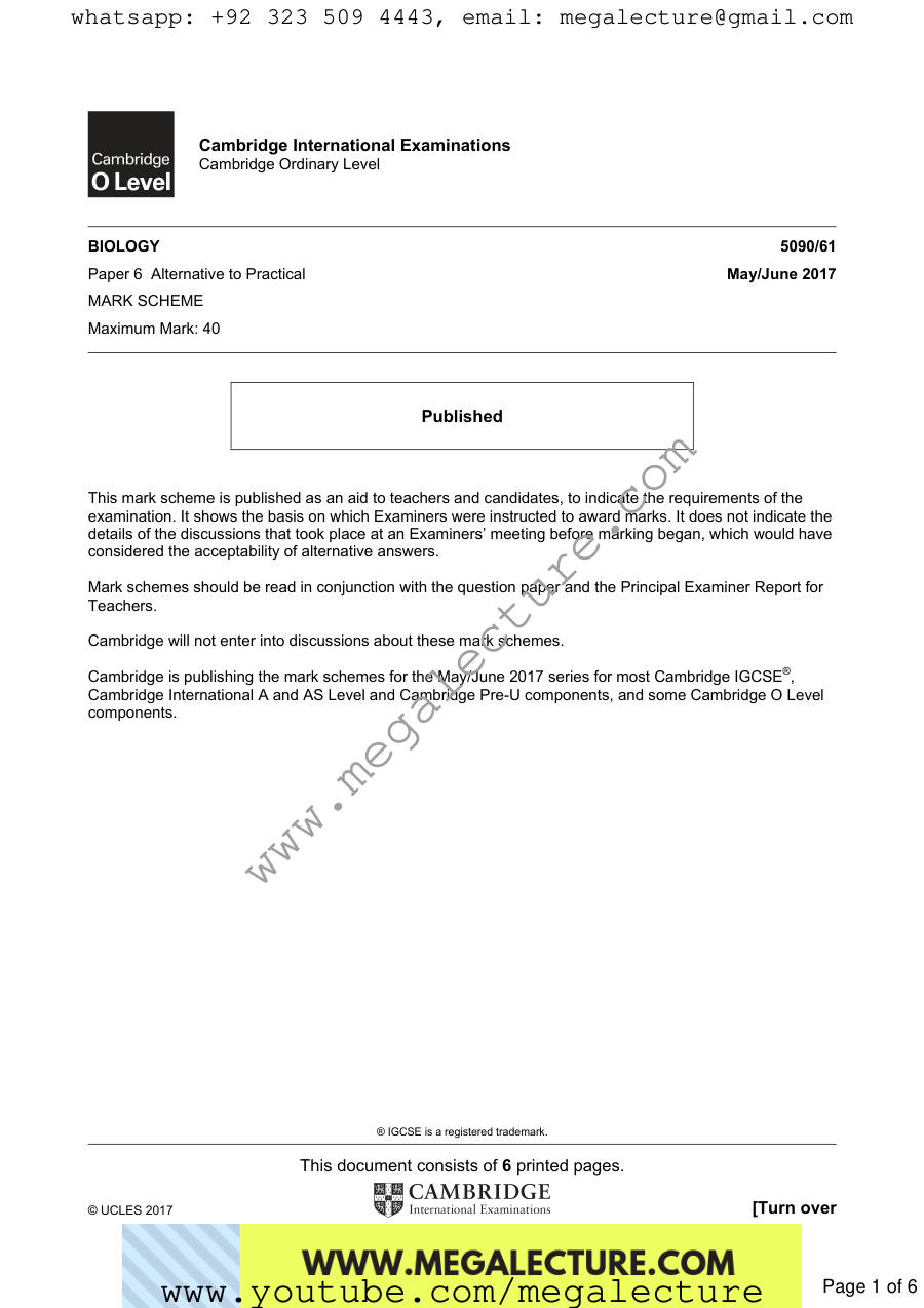 Page 1 of Paper 6 — Marking scheme