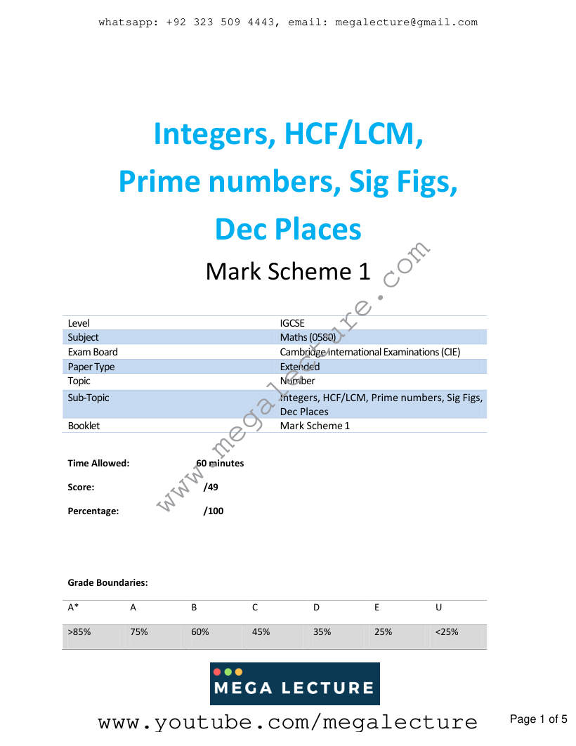 Page 1 of Integers HCF LCM Prime Numbers Significant Figures Decimal Places — Marking scheme