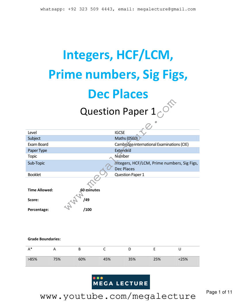 Page 1 of Integers HCF LCM Prime Numbers Significant Figures Decimal Places — Questions