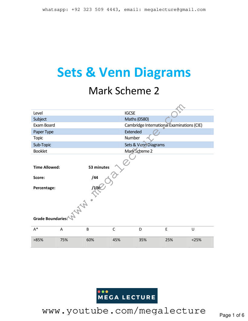 Page 1 of Sets Venn Diagrams — Marking scheme (2)