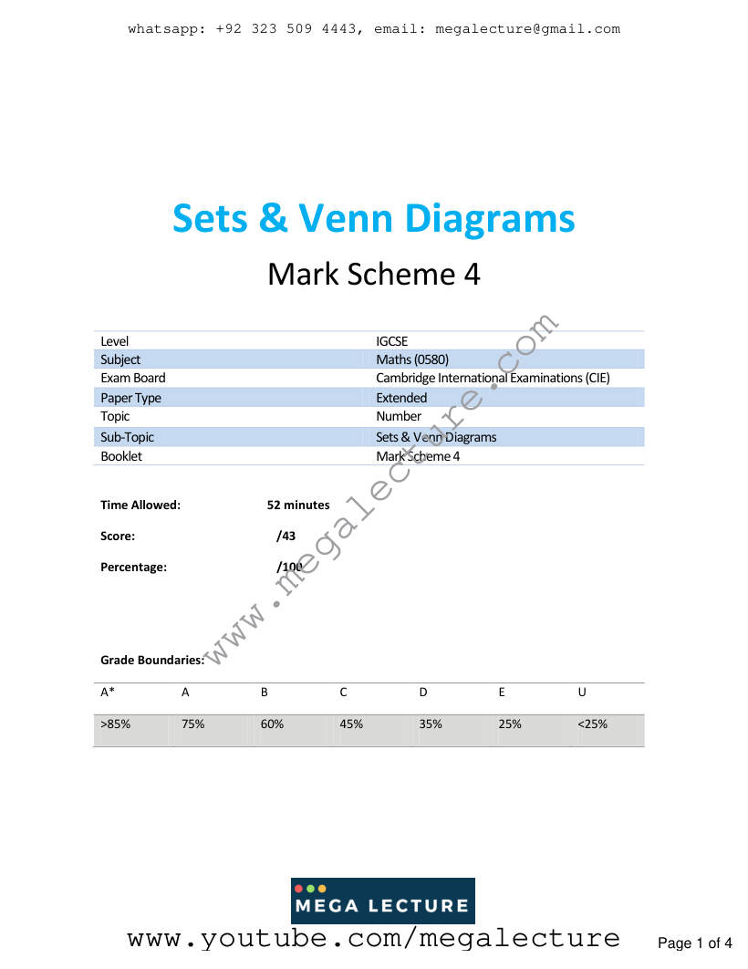 Page 1 of Sets Venn Diagrams — Marking scheme (4)