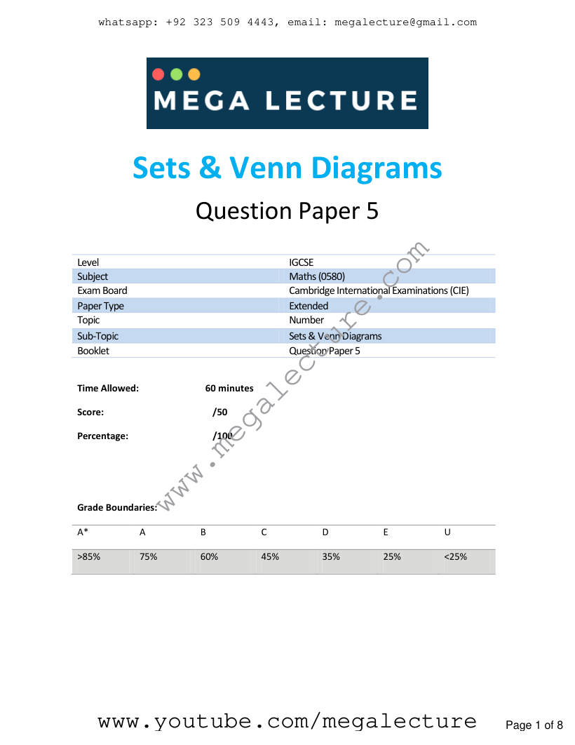 Page 1 of Sets Venn Diagrams — Questions (5)