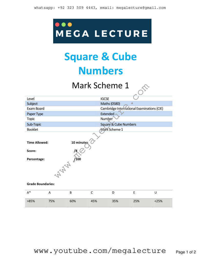 Page 1 of Square Cube Numbers — Marking scheme