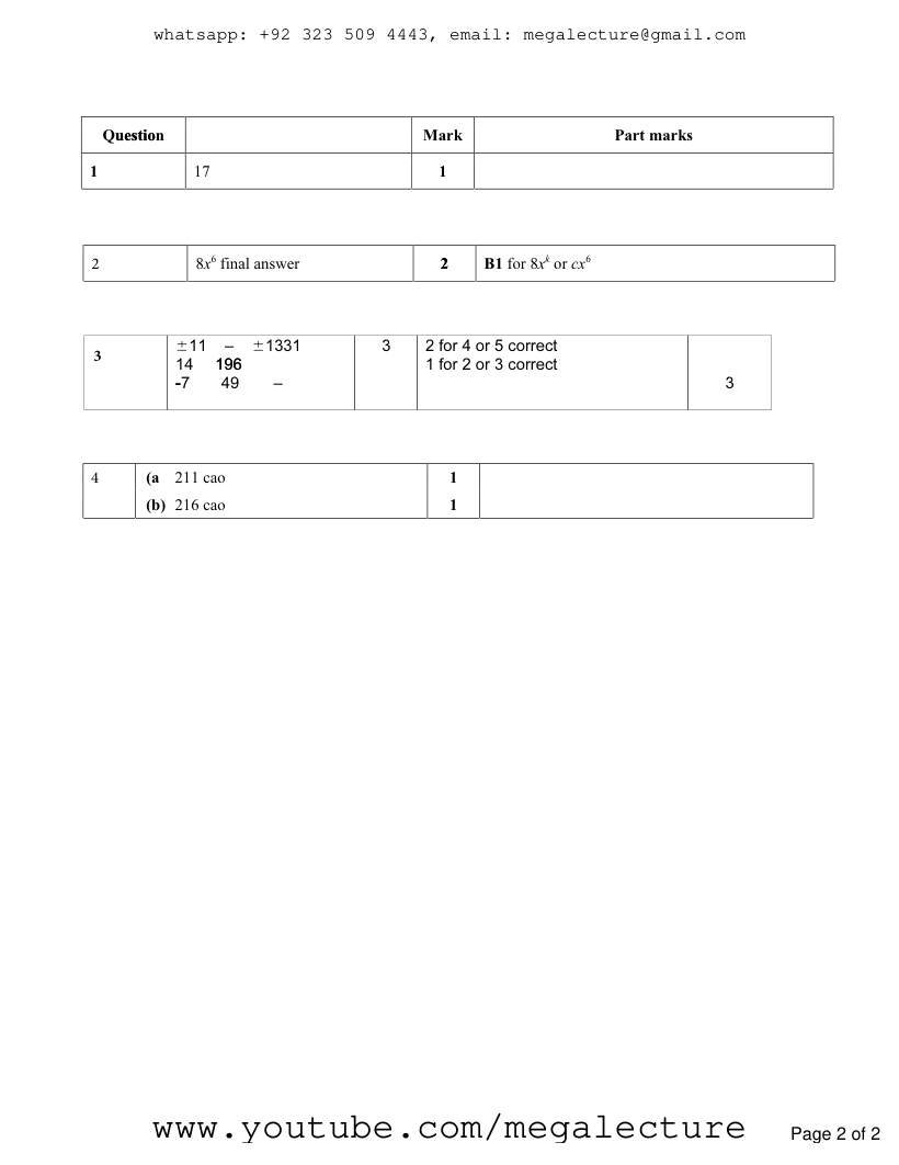 Page 2 of Square Cube Numbers — Marking scheme