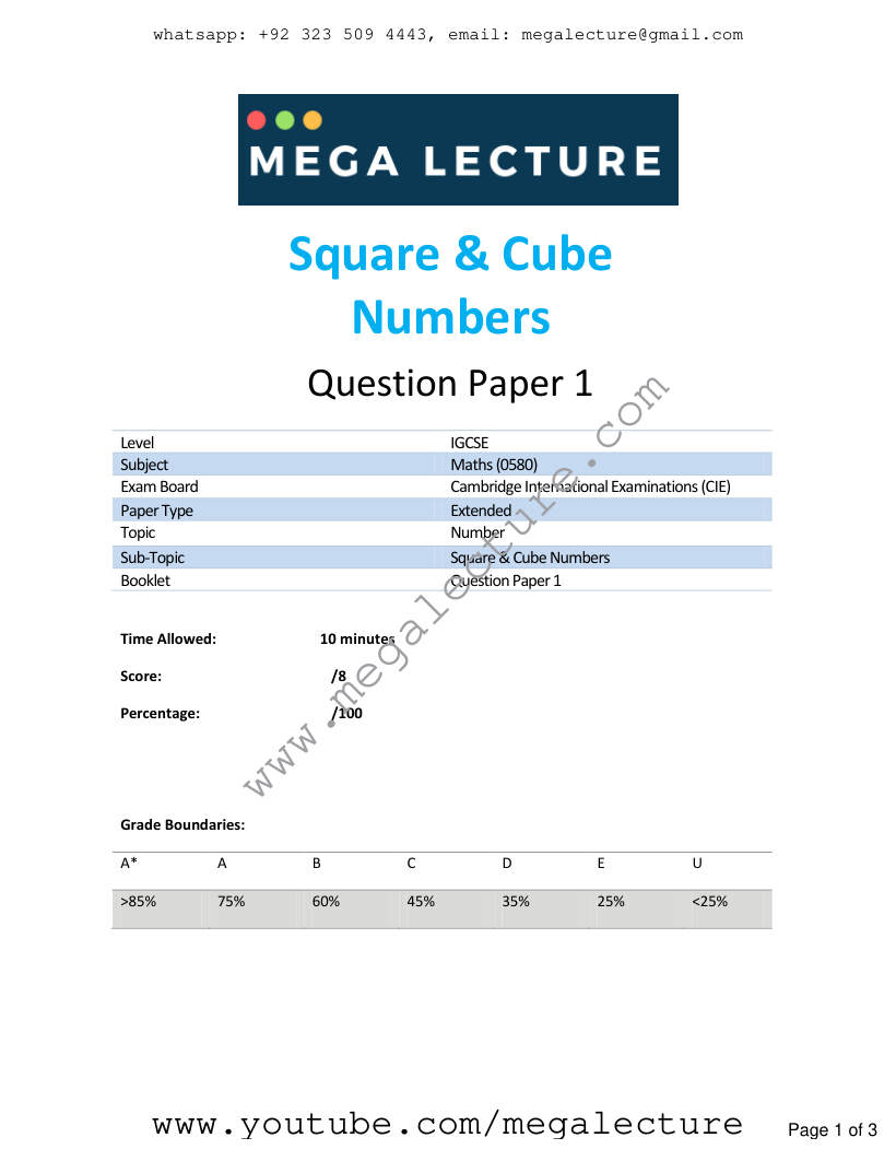 Page 1 of Square Cube Numbers — Questions
