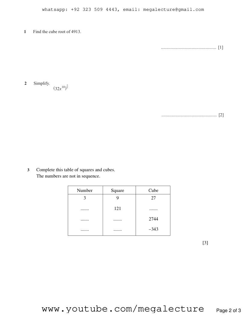 Page 2 of Square Cube Numbers — Questions