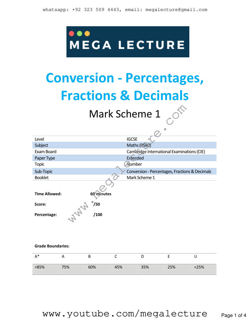 Page 1 of Conversion Percentages Fractions Decimals — Marking scheme