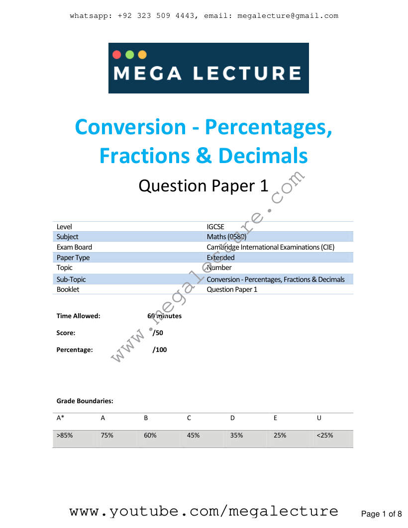 Page 1 of Conversion Percentages Fractions Decimals — Questions