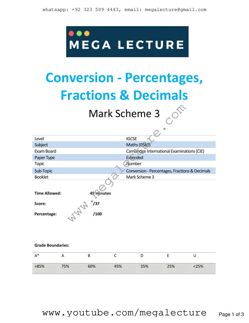 Page 1 of Conversion Percentages Fractions Decimals — Marking scheme (3)