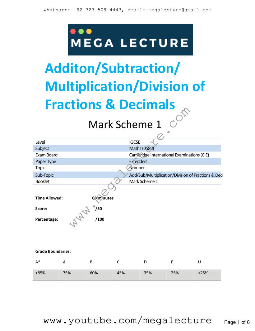 Page 1 of Add Sub Multiplication Division Of Fractions Decimals — Marking scheme
