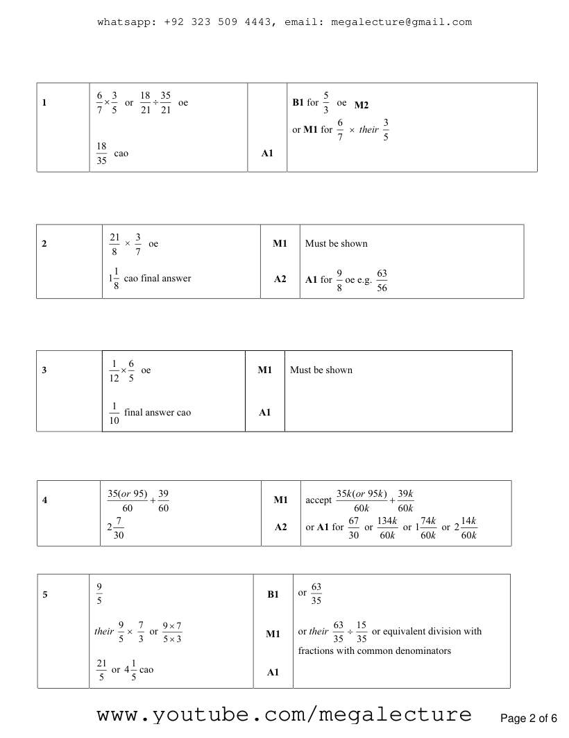 Page 2 of Add Sub Multiplication Division Of Fractions Decimals — Marking scheme