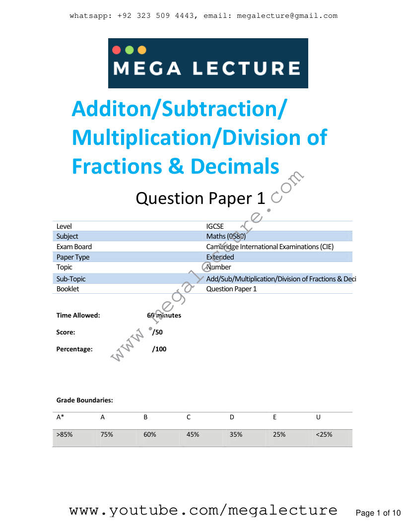 Page 1 of Add Sub Multiplication Division Of Fractions Decimals — Questions