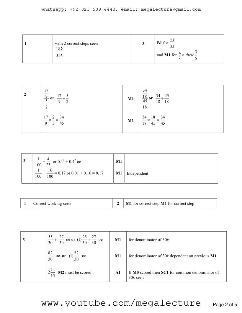 Page 2 of Add Sub Multiplication Division Of Fractions Decimals — Marking scheme (2)